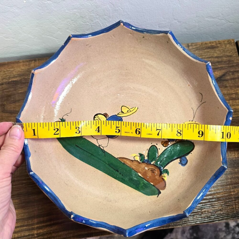 Handmade Mexican Tlaquepaque Ceramic Serving Bowl Painted Bird Cactus Design - Picture 7 of 12